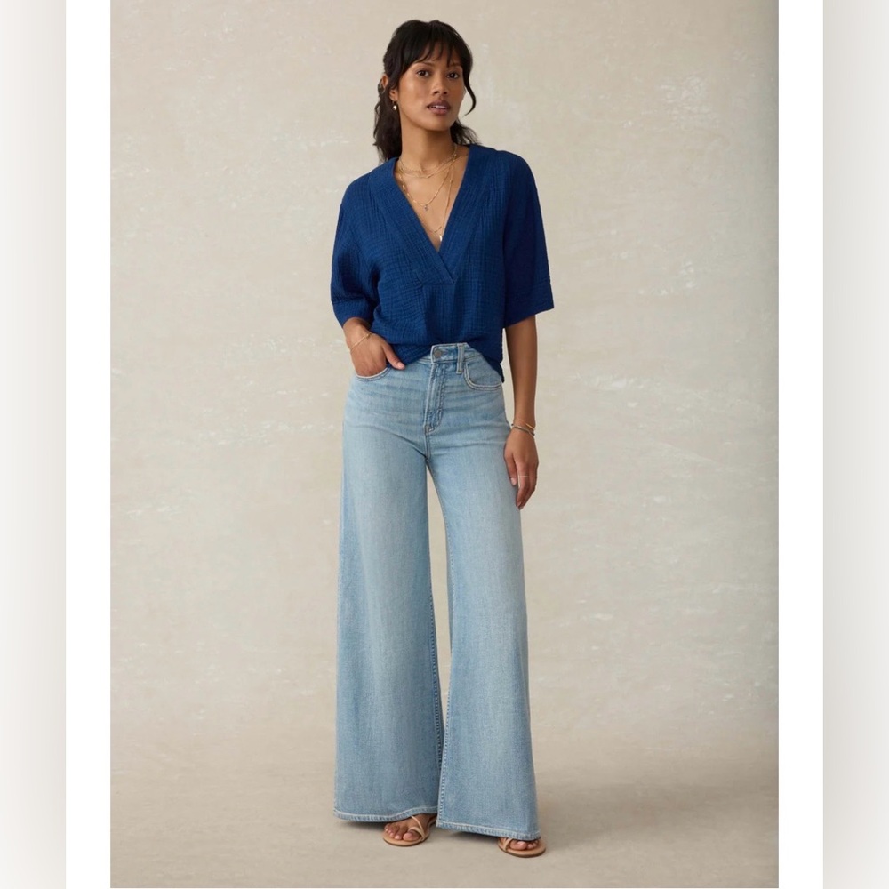 Faherty Dune Cotton Gauze Popover V-neck Top Women S Dark Indigo - Picture 3 of 10